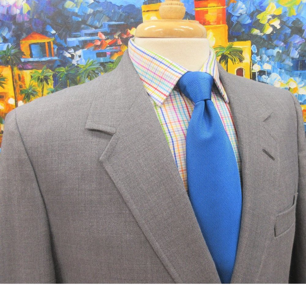 42 R- VINTAGE SPORT COAT POLYESTER METAL BUTTONS SLATE GRAY